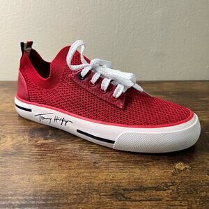 Tommy Hilfiger Gessie Sneakers 7.5 Women Red Knit Low Top Lace Up Casual Fashion